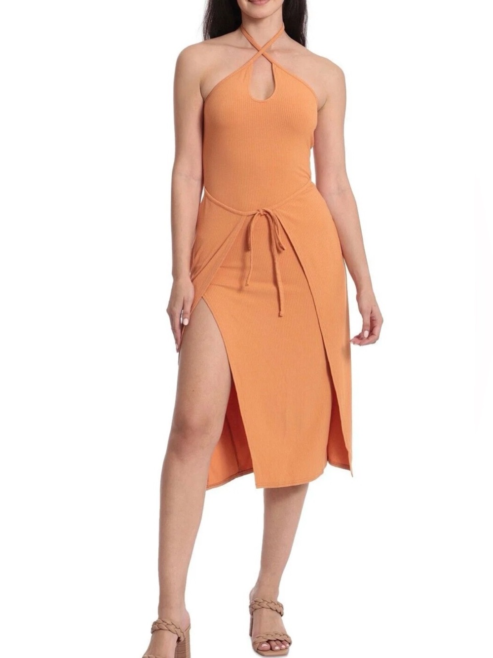 Anthropologie Avec Les Filles Midi Tie Front Halter Dress Orange Smal